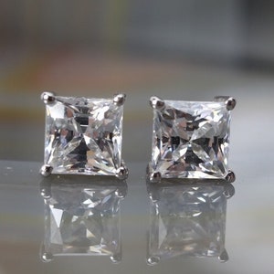 Estate Sterling Silver CZ earrings, 6 mm square cubic zirconia, April Birthstone, bridal jewelry, prom jewelry, pageant jewelry