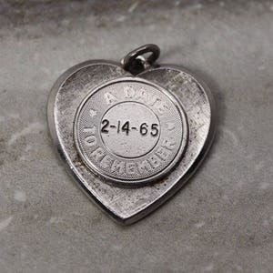 1965 A Date to Remember Heart Charm, Valentine&#39;s Day Sterling Silver engraved charm, estate jewelry, Valentines&#39; day Gift, gifts for her