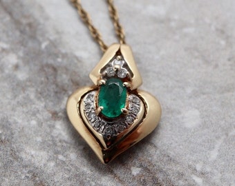 14K Vintage Emerald & Diamond pendant necklace, 14 kt yellow gold, may birthstone, bridal jewelry, 14k gold estate jewelry, 20th anniversary