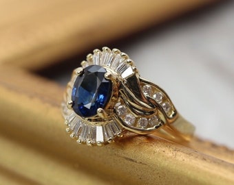 14k Vintage Blue Sapphire & diamond ring, size 7, sapphire engagement ring, September birthstone, Fine estate jewelry, 5th anniversary gift