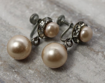 Vintage Pearl & Rhinestone earrings, screw back earrings, signed, June birthstone, prom jewelry, estate jewelry, bridal jewelry