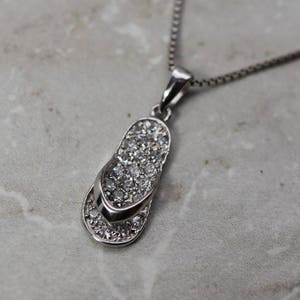 Estate Sterling Silver CZ Flip Flop Pendant necklace, cubic zirconia beach pendant, sandal pendant, 23&quot; chain,  gifts for her, beach jewelry