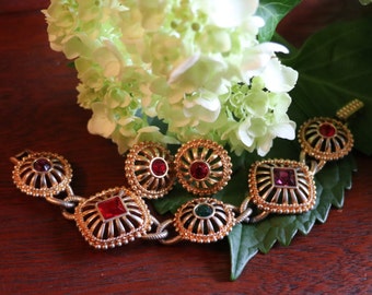 Swarovski Jewelry Set - Pulsera y pendientes de cristal multicolor, chapados en oro firmados / hechos en Austria / joyería inmobiliaria / joyería retro /
