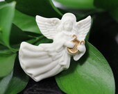 Vintage Lenox Angel w gold harp brooch, original box, signed, gifts for her, gifts for mom, estate jewelry, Christmas brooch, holiday brooch