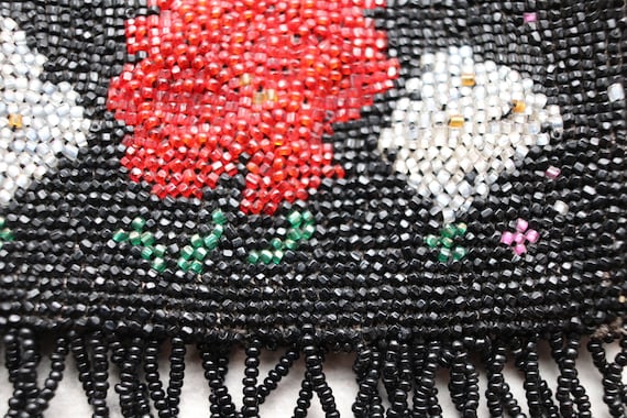 Vintage black beaded purse with strap, red rose d… - image 2