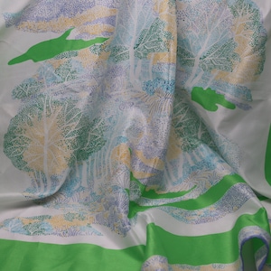 Vintage Frühlingstuch, 56 cm quadratisch, Botanisches Design, lindgrün, blau und gelb, Retro Schal, Muttertagsgeschenk, Vintage Mode