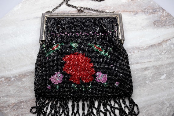 Vintage black beaded purse with strap, red rose d… - image 1