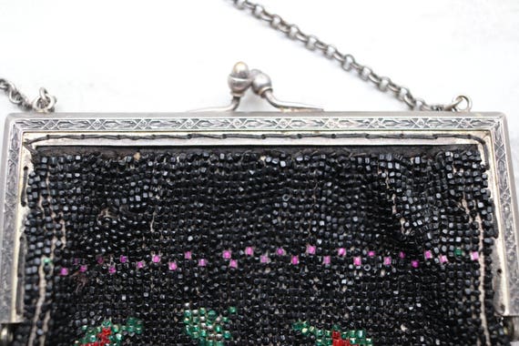 Vintage black beaded purse with strap, red rose d… - image 3