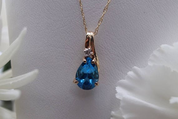 Estate 14K Blue Topaz & diamond pendant, yellow g… - image 3