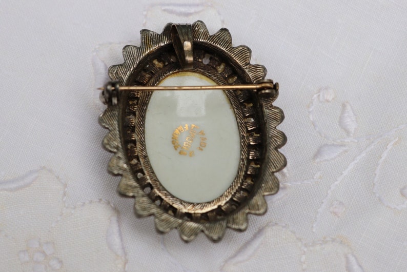Made in France signed estate jewelry Vintage Hand-painted Lady in Blue Limoges Brooch pendant