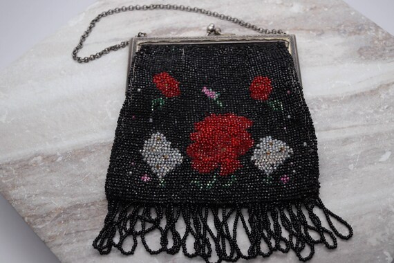 Vintage black beaded purse with strap, red rose d… - image 5