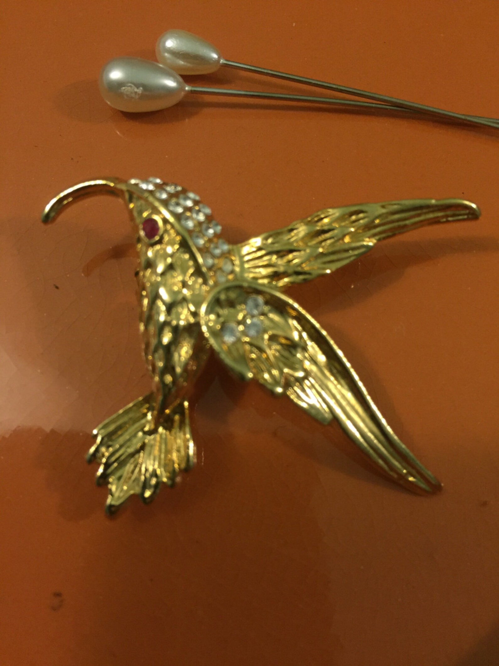 Vintage Hummingbird Brooch Pin Goldtone With Crystal Accents Etsy