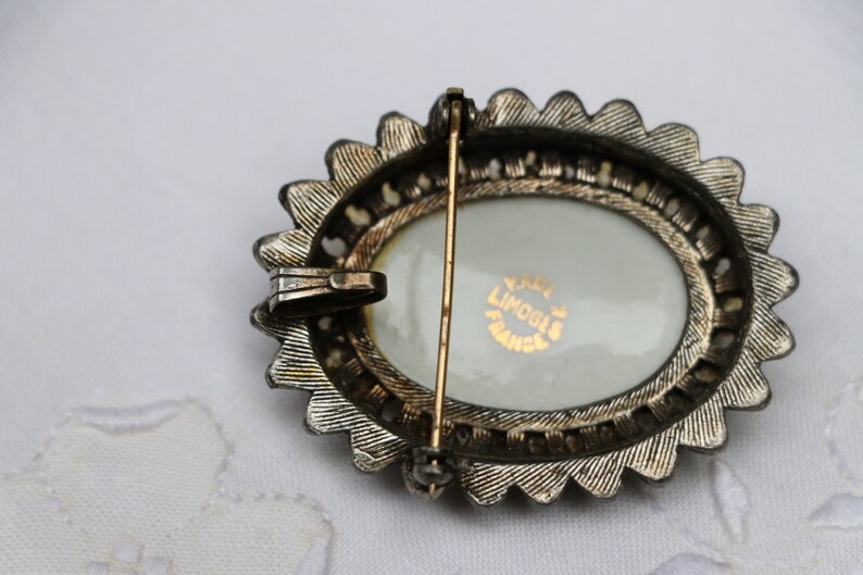 Made in France signed estate jewelry Vintage Hand-painted Lady in Blue Limoges Brooch pendant