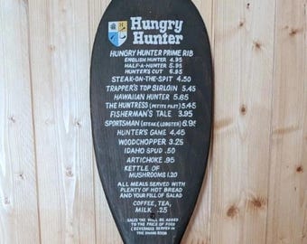 RARE, VINTAGE MENU; wood paddle menu from Hungry Hunter Steak House 1970's