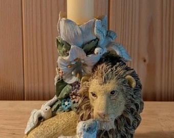 1993 Vintage Roman Lion Lamb Doves Candle Holder, Hand-Painted Ceramic Taper Candle Stick