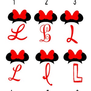 K&ouml;nnte beinhalten: Sechs Variationen eines schwarzen und roten M&auml;useohren-Haarreifs mit einem Buchstaben L in verschiedenen Stilen. Die Zahlen 1 bis 6 befinden sich unter jedem Haarreif.