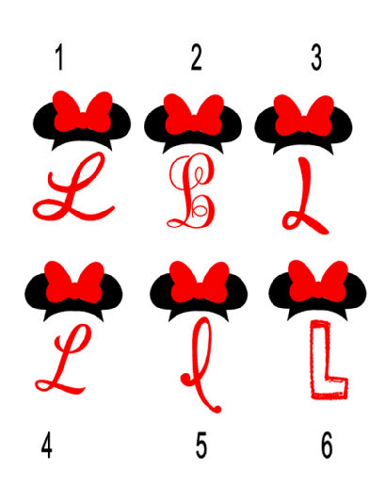 K&ouml;nnte beinhalten: Sechs Variationen eines schwarzen und roten M&auml;useohren-Haarreifs mit einem Buchstaben L in verschiedenen Stilen. Die Zahlen 1 bis 6 befinden sich unter jedem Haarreif.