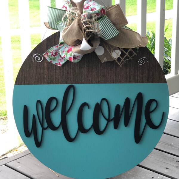 Welcome stained and teal door hanger