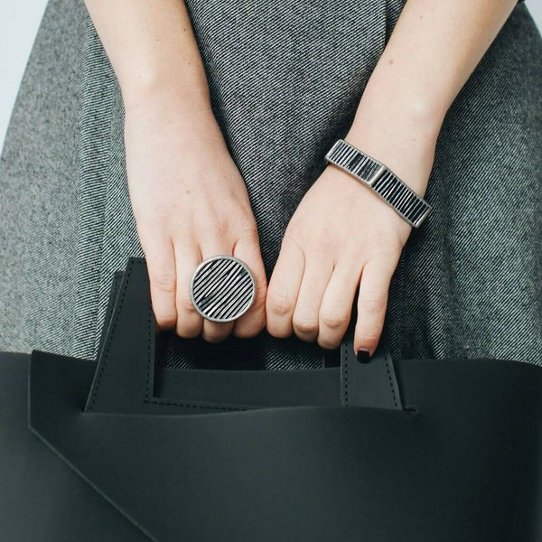 Chunky rings for women big black disc ring statement geometric minimalist jewelry cyber gothic hipster large circle round artisan unique