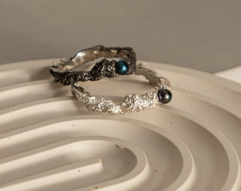 Oxidized Sterling Silver Pearl Ring – Modern Textured Anniversary Jewelry