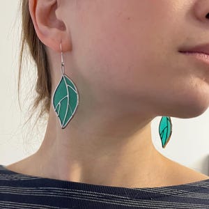 Nature theme stained glass earrings, green leaf earrings, long dangle earrings, spring botanical jewelry, forest earrings, birthday gift