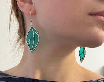Stained Glass Leaf Earrings: Green Botanical Dangle Jewelry