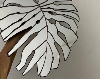 Big monstera leaf mirror Mirror wall decor Nature inspired geometric leaf Stained glass big leaf Natural theme decorative Gift for women