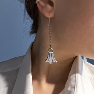 Stained glass bluebell earrings, long dangle flower earrings, unique snowdrop earrings, nature jewelry, gift for women, botanical earrings