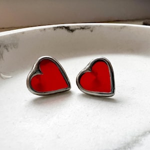 Red heart earrings, stained glass everyday earrings, cute love earrings, girlfriend gift, art glass jewelry, wife gift, minimalist earrings