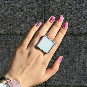 Handmade Iridescent White Square Ring: Chunky Geometric Statement Jewelry