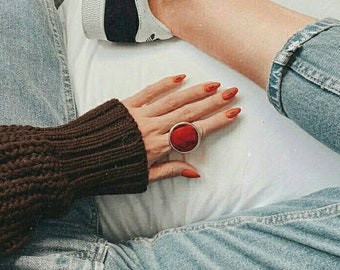 Red statement ring Bloody minimalist jewelry Big gothic rings for women Large geometric stain glass Round clear cocktail disc circle gifts
