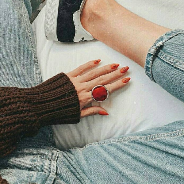 Red statement ring Bloody minimalist jewelry Big gothic rings for women Large geometric stain glass Round clear cocktail disc circle gifts