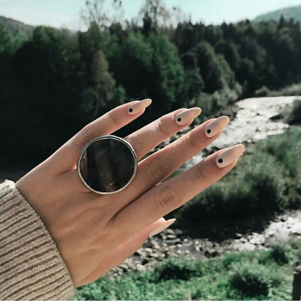 Large ring Statement rings for women black and white Ukrainian shop Abstract painting Agate imitation Black round ring Unique geometric ring