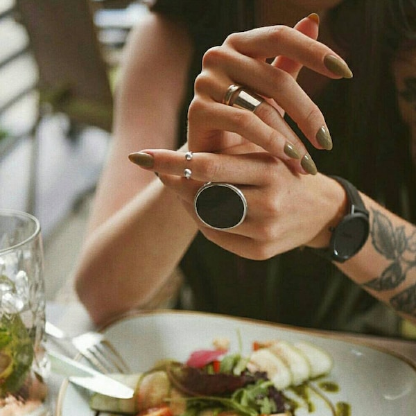 Statement rings for women Chunky ring gothic jewelry minimalist hipster Big black round circle disc disk massive architectural geometric