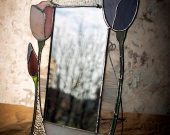 Glasmalerei Tulpe Spiegel Make-up Schminktisch Mosaik kleine Blume Thema Ornament handgefertigt dekorative Natur Liebhaber Geschenk für den Gärtner