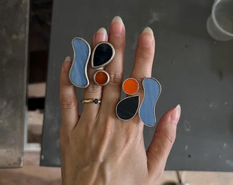 Zilveren ring modern glas – Abstract blauworanje sieraden, ring hedendaagse kunst