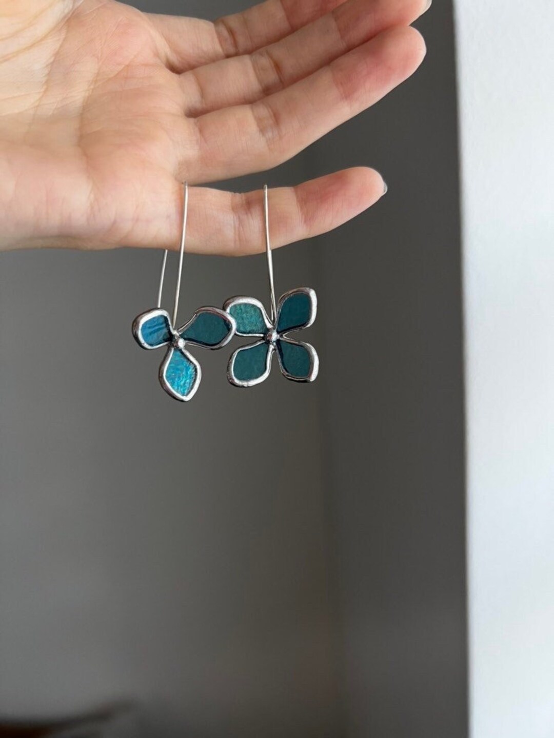 Stained Glass Hydrangea Earrings: Mismatched Botanical Dangle