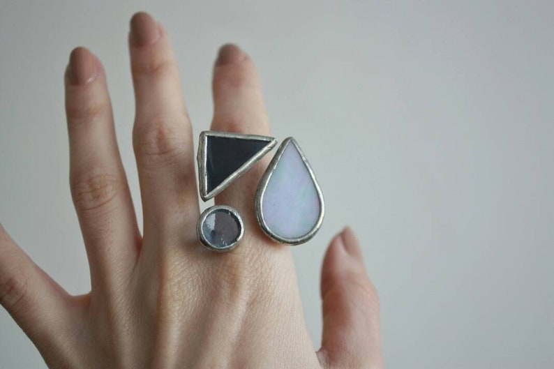 Stain glass ring blue large statement open band geometric big teardrop triangle disc Chunky tribal spiral cocktail wabi sabi daily sapphire