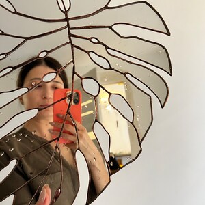 Handcrafted stained glass monstera leaf mirror wall decor