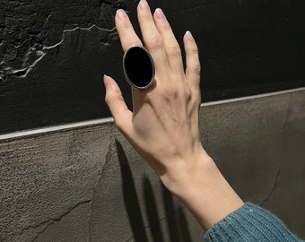 Statement rings for woman Bold black oval ring solid black and silver ring