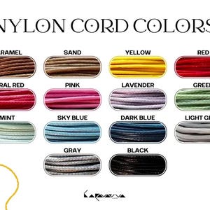 May include: Nylon cord colour chart with 14 different colours, including caramel, sand, yellow, red, coral red, pink, lavender, green, mint, sky blue, dark blue, light grey, grey, and black.