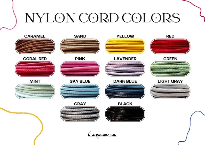 May include: Nylon cord colour chart with 14 different colours, including caramel, sand, yellow, red, coral red, pink, lavender, green, mint, sky blue, dark blue, light grey, grey, and black.
