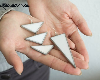 triangle gothic hipster asymmetric earrings large white unique big black statement geometric stained glass design Tiffany style method