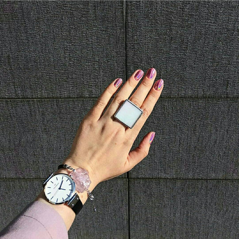 Statement rings for women Black square Iridescent white ring large hipster gothic big geometric quadrate minimal silwer jewelry gift image 1