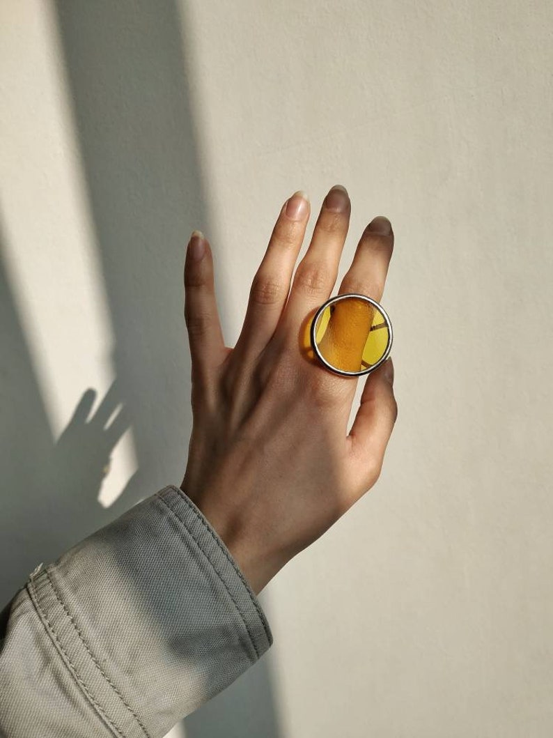 Statement ring for women Chunky large festival jewelry geometric minimalist rings Big bright yellow hipster Huge circle disc scent woman's image 2