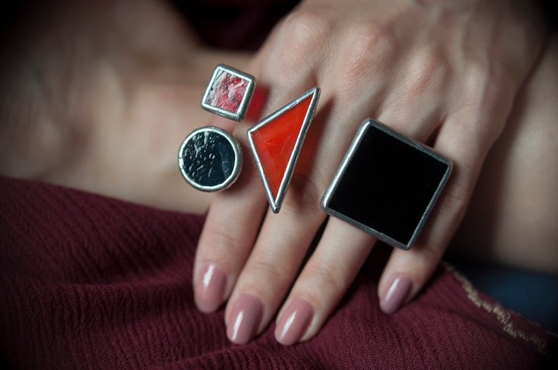 Statement rings for women Black square Iridescent white ring large hipster gothic big geometric quadrate minimal silwer jewelry gift image 7