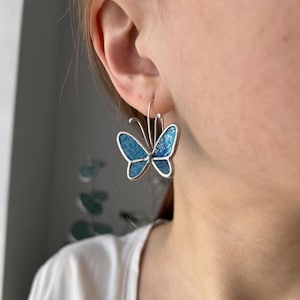Blue butterfly earrings, stained glass nature earrings, cottagecore jewelry, cute dangle earrings, summer jewelry, anniversary gift for her