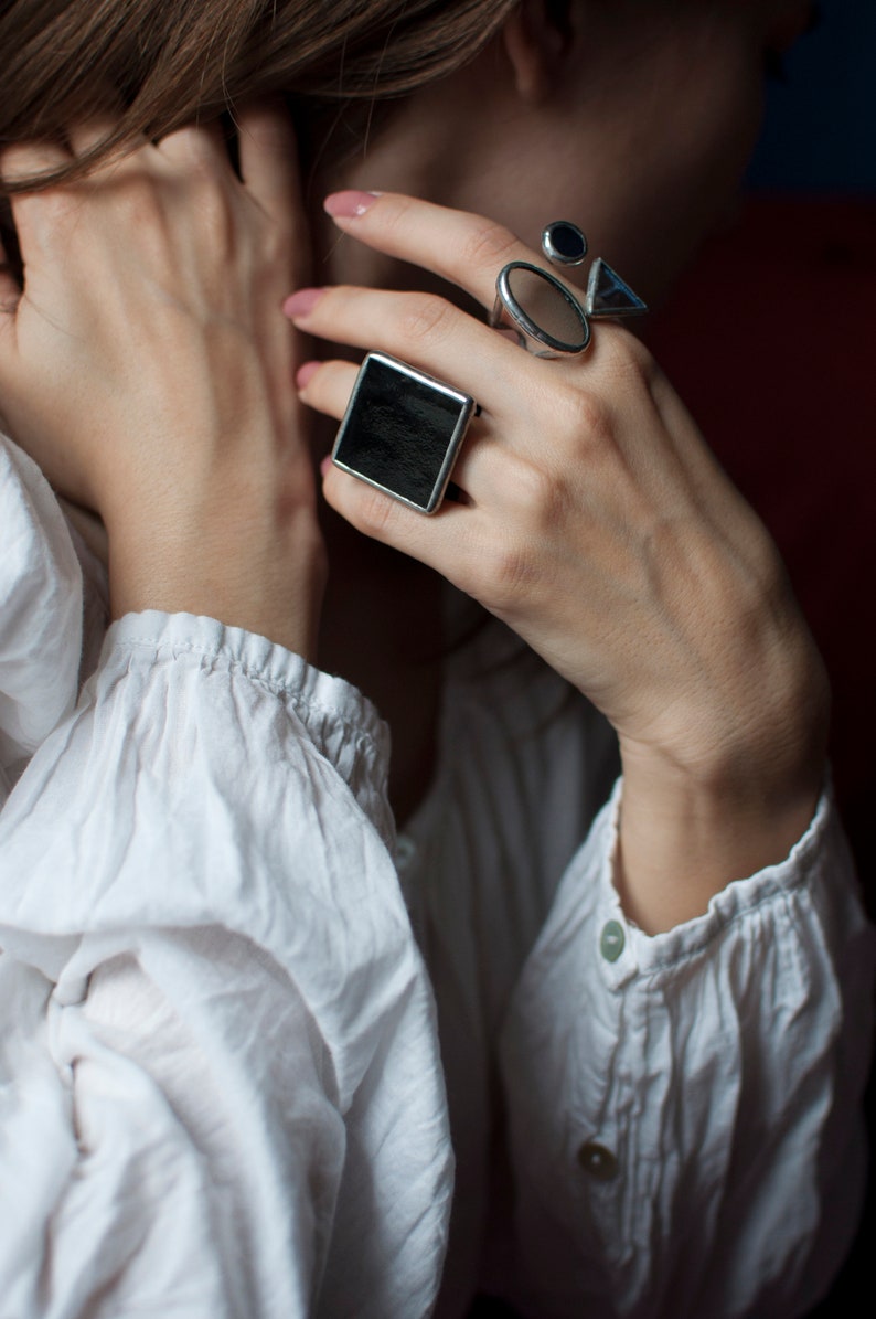 Statement rings for women Black square Iridescent white ring large hipster gothic big geometric quadrate minimal silwer jewelry gift image 6