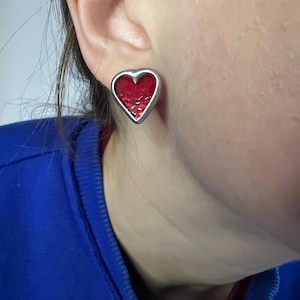 Red Stained Glass Heart Earrings Romantic Studs Unique Handmade Art Glass Jewelry Elegant Gift For Girlfriend Women Anniversary Statement