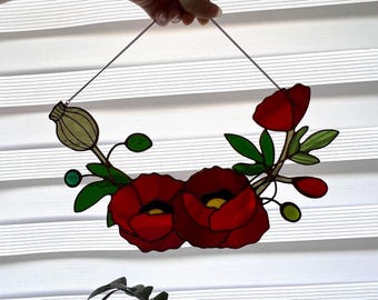 Stained Glass Poppy Suncatcher – Red Flower Window Decor